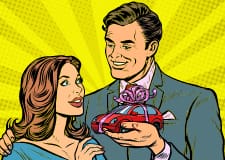 cartoon man presenting a gift to a woman Cartoon man presenting a woman a present.
