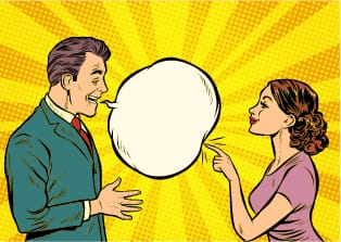 Cartoon woman popping a mans communication bubble Confident cartoon woman popping a mans communication bubble.