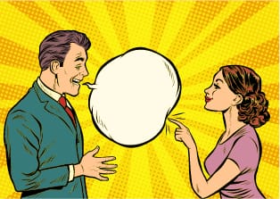 Confident cartoon woman popping a mans communication bubble.