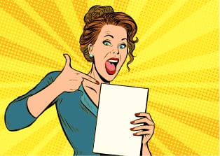 cartoon woman reading her strenghts and weaknesses results Cartoon woman excited to read her results of her profile quiz.